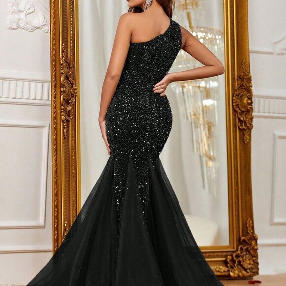 Black Women's One Shoulder Sequin Formal Prom Evening Gown - Picture 2 of 6